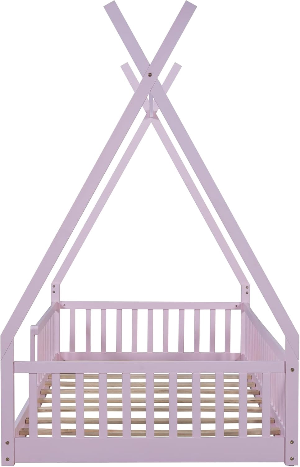 GLZ'HOME Twin House Bed with Fence, Modern Wood Montessori Floor Bed Frame Twin with Guardrails for Boys and Girls Bedroom, No Box Spring Needed (Pink)