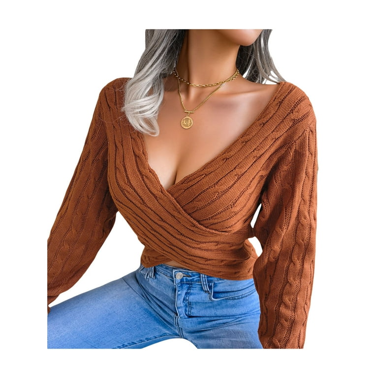 TOPGOD Women Sweater, Cross V-Neck Long Sleeve Low-Cut Knitwear