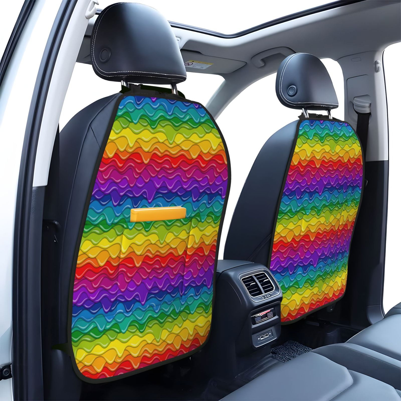 Xecao Bright Rainbow Pattern Car Seat Back Protector 2 Pack Large Capacity Pocket, Kick Mats Back Seat Protector