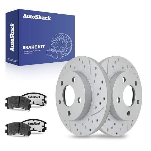 AutoShack 10.63" (269.9 mm) Rear Solid Drilled & Slotted Brake Rotors Coated   Ceramic Brake Pads | Replacement for 2010 Chevrolet Impala | Silver Matte Finish | 6-PC Brake Kit | TurboGuard