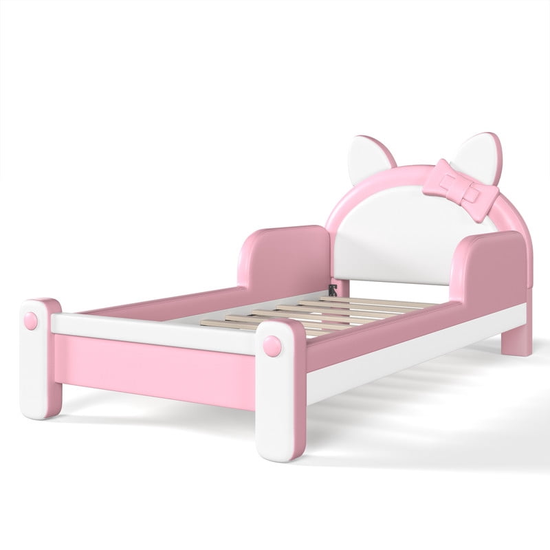 Twin Size Kids Platform Bed with Cartoon Cat-Shaped Headboard, Upholstered PU Leather Princess Bed, Low Profile Child Bed Frame