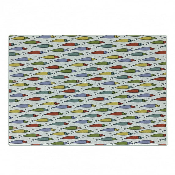 Underwater Cutting Board, Simplistic Floating Fish Forms in Row Aquatic Underwater Animal Design, Decorative Tempered Glass Cutting and Serving Board, Small Size, Multicolor, by Ambesonne