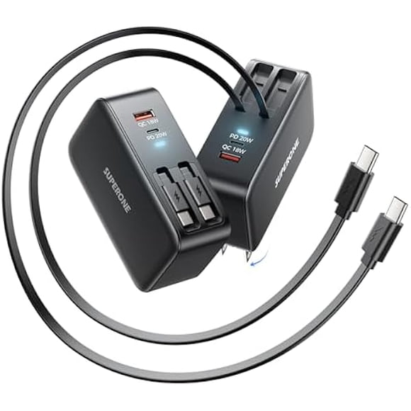 LinQingQ SUPERONE Retractable iPhone Charger, 4-Port USB C Charger Block, iPhone Chargers Fast Charging with Dual USB C Cable, Wall Chargers for iPhones 17/16/15/14/13/12/11 Series, Pad, Samsung, Pixe