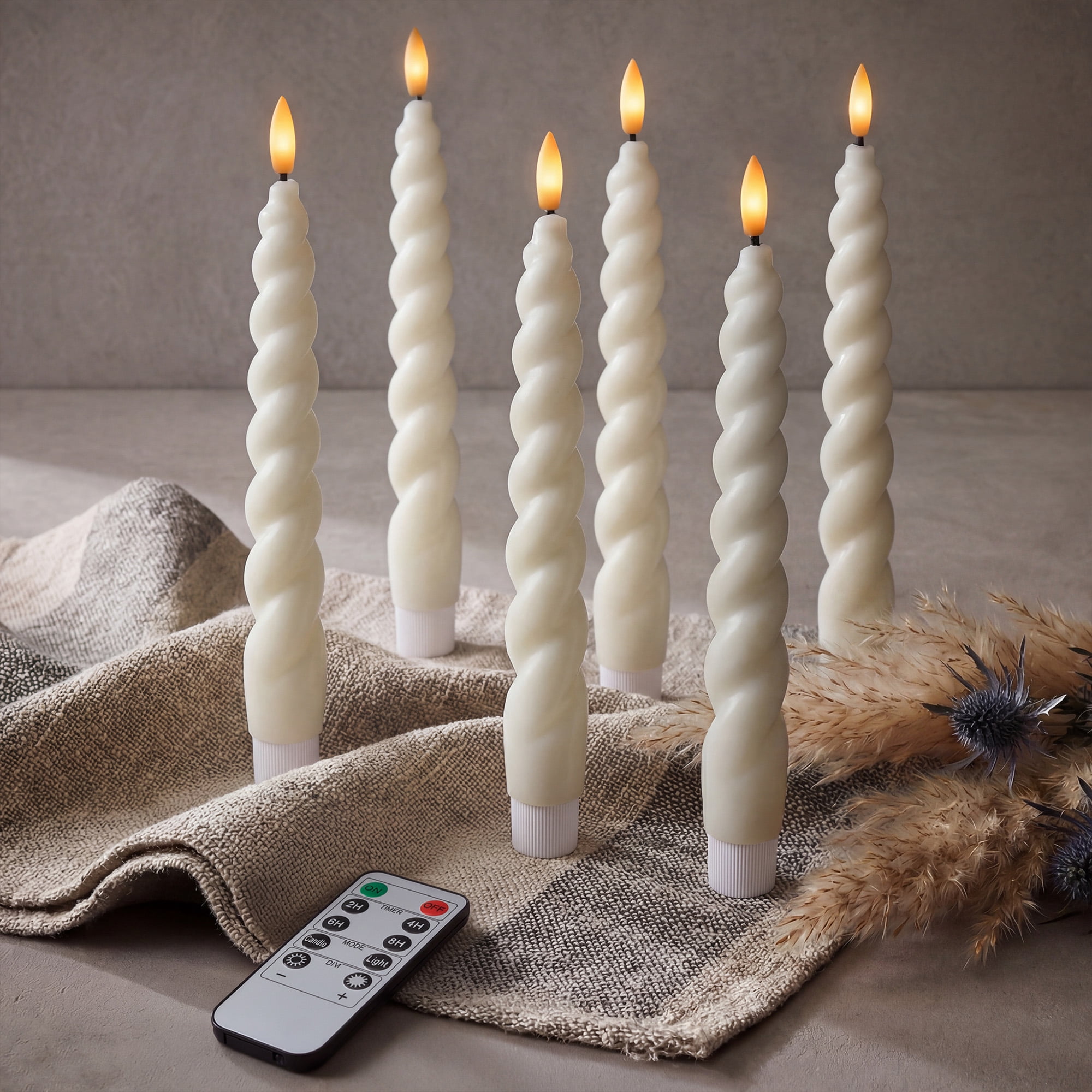 WYZworks 10" Flameless LED Taper Candles – Full Twisted Spiral – Ivory, Set of 6 – Remote, 2/4/6/8-Hr Timer (24-hr Memory), Bottom On/Off Button, Dimmable, Battery Operated, Flicker/Steady