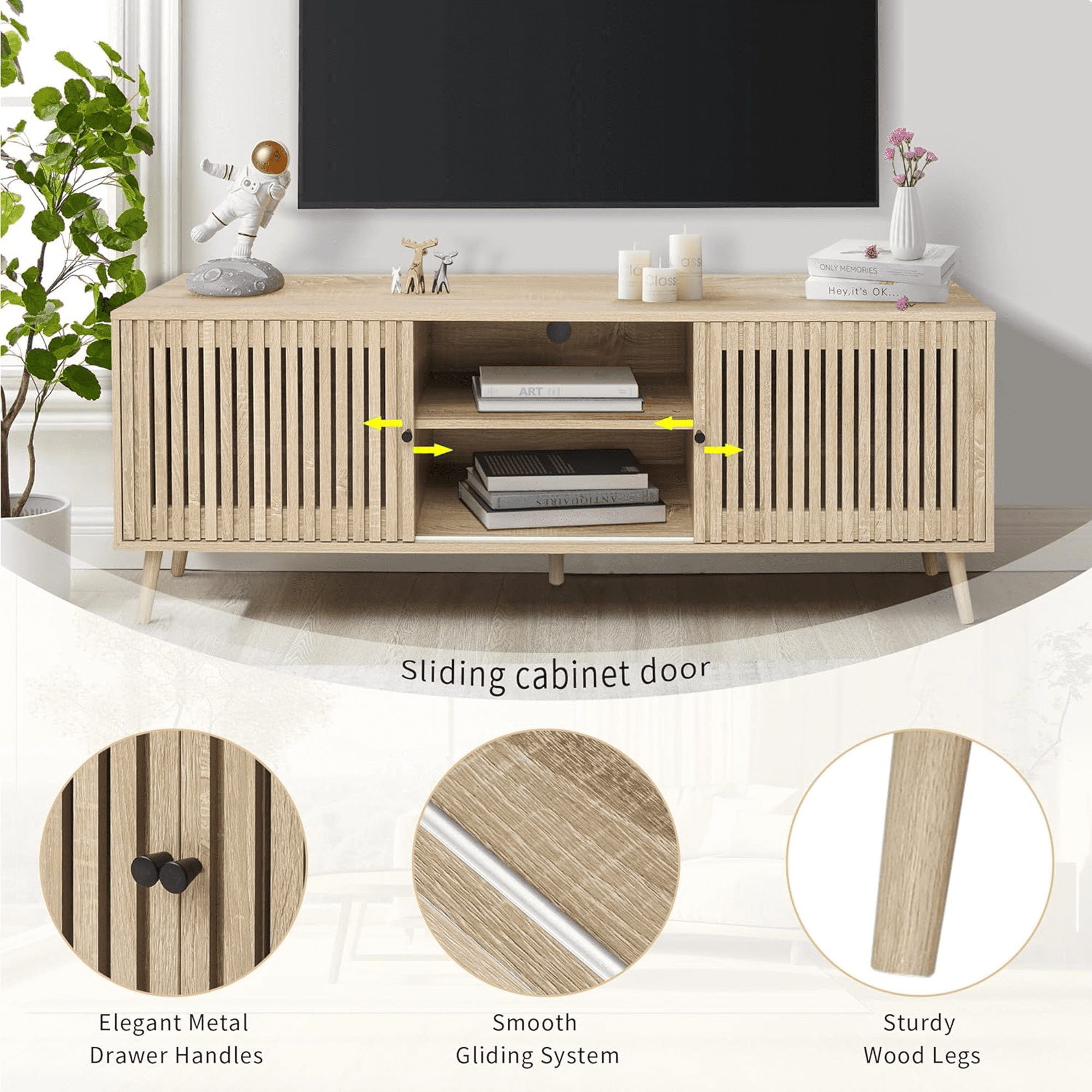 Oubayajia Mid-Century Modern 63" TV Stand for TVs up to 70”, Wood TV Console with Waveform Sliding Doors and Storage, Entertainment Center for Living Room Bedroom, Natural