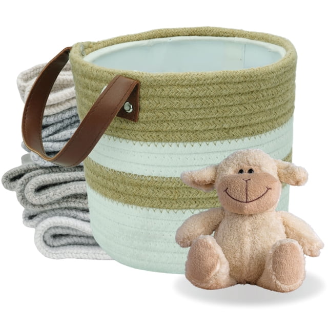 Planterist Cesta Organizadora Chica Tejida – Algodón Lavable, Plegable y Portable – Multiusos 19.5x17.5 cm con Agarradera de Piel para Almacenaje, Decoración y Ropa Sucia (Pátzcuaro)