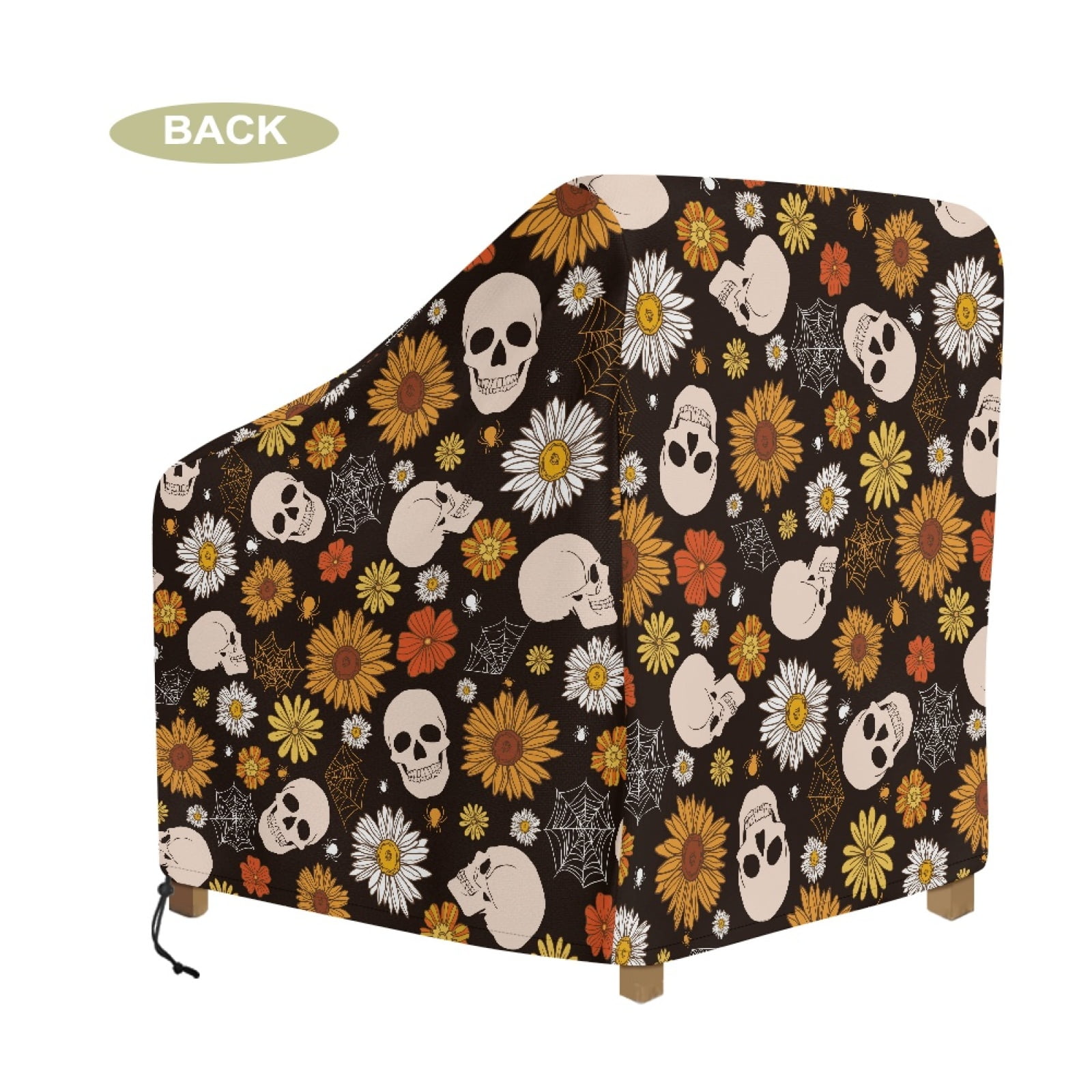 Renewold Patio Chair Covers Waterproof Dust Proof Stackable Patio Chair Covers Outdoor Lawn Patio Furniture Protection Halloween Decor, 38"W x 38"D x 36"H, Skull Sunflower Daisy Spider Web Print