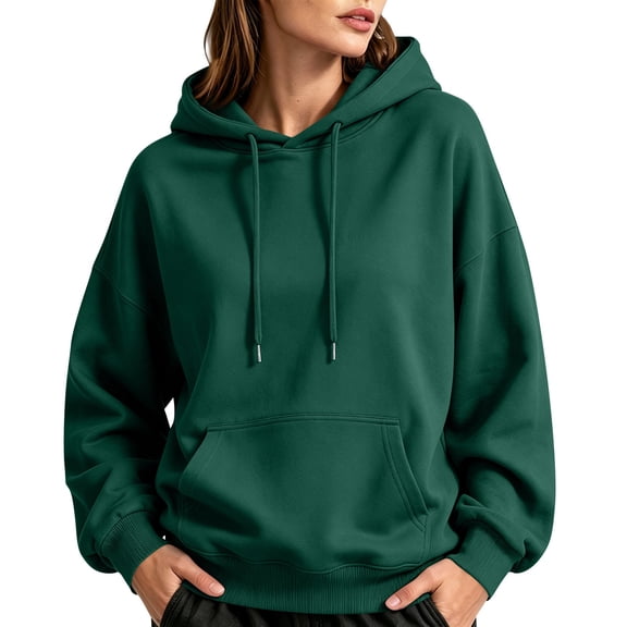 Women's Solid Pullover Hoodie, Long Sleeve Relaxed Sweatshirt with Drawstring Hood and Kangaroo Pocket
