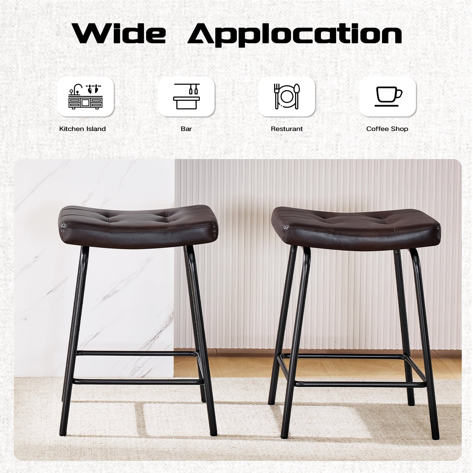 25" Saddle Counter Stools Set of 2, Tufted Faux Leather Counter Height Bar Stools with Metal Legs for Kitchen Island, Black Brown