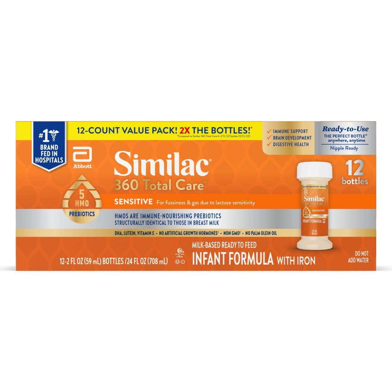 Similac 360 Total Care Sensitive Infant Formula, Ready-to-Feed, 2-fl-oz Bottle (Case of 12)