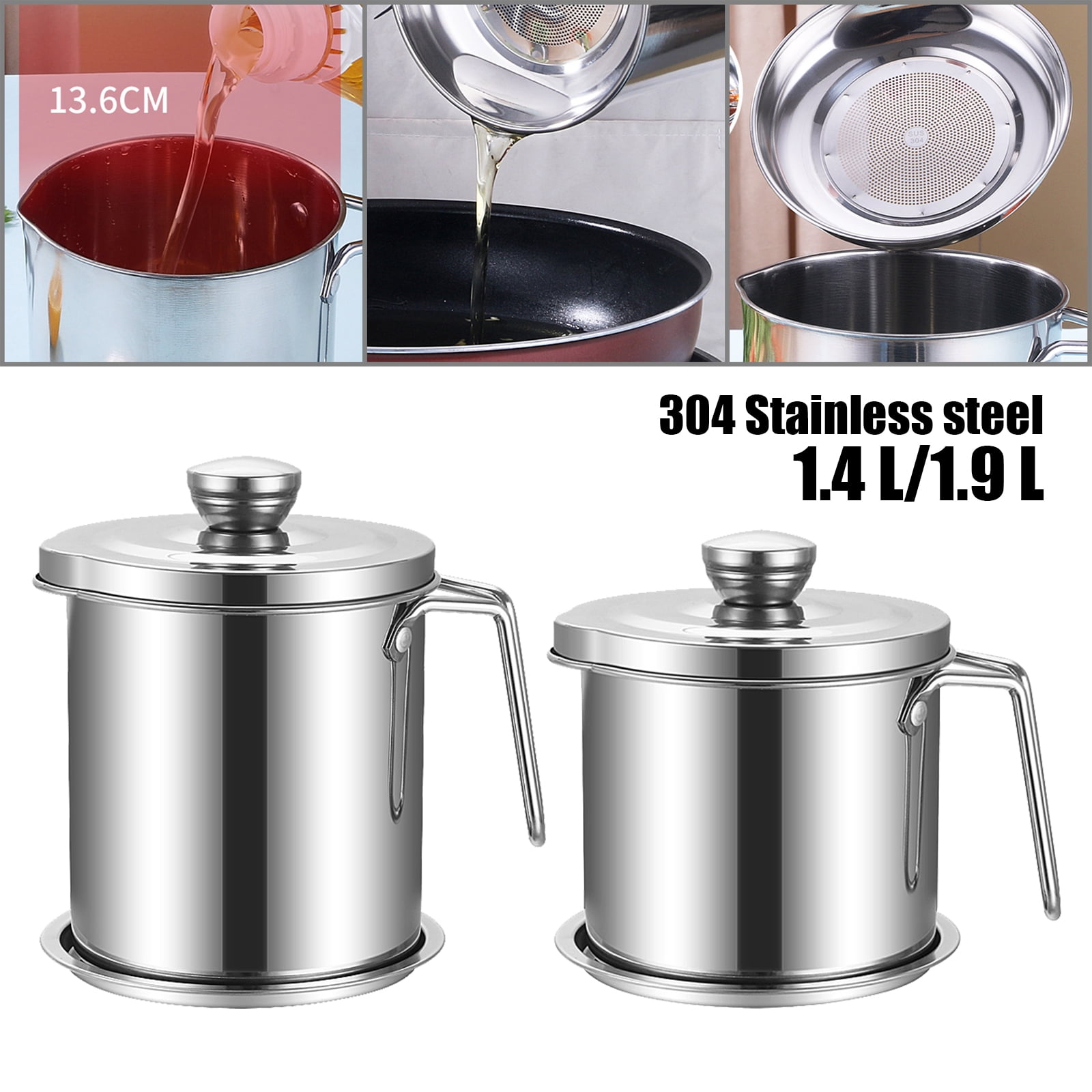 Cook N Home 02651 Stainless Steel Oil Grease Storage Can with Strainer, 3.5 Quarts, Silver