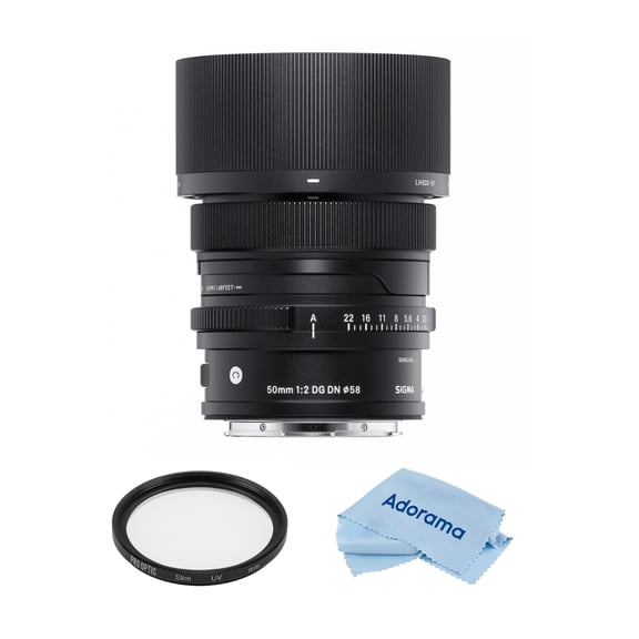 Sigma 50mm f/2.0 DG DN Contemporary Lens for L Mount Bundle with 58mm Multi Coated UV Slim Filter, Microfiber Cleaning Cloth