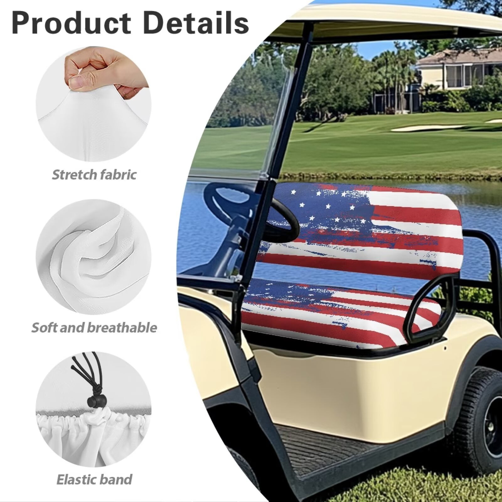 Pzuqiu Universal EZGO TXT Golf Cart Seat Covers Travel Sports Golf Cart Accessories Soft and Comfortable Keep Cool in Summer for 2-Person Seats Club Car, American Flag