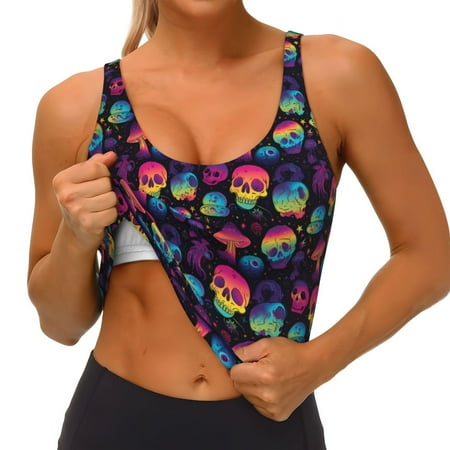 Qokaie Skull mushroom colorful Pattern Womens Scoop Neck Sports Bra Breathable Workout Vest Padded U Back Medium Impact Fitness Gym Yoga Bra Workout Crop Top
