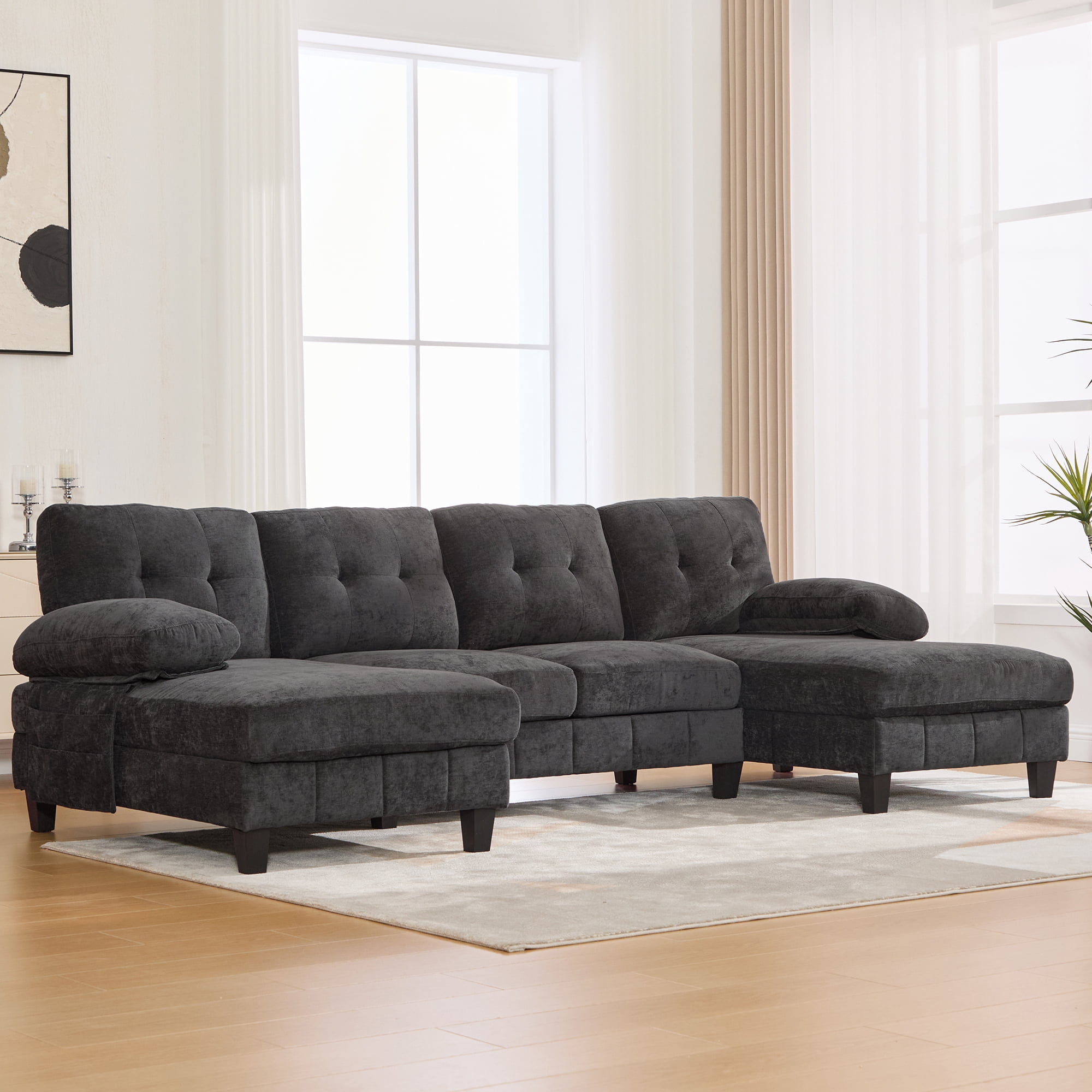 Leumius U Shaped Sectional Sofa, 103.5" Chenille Fabric Couch with Double Chaise Lounges, U Shaped Couch for Living Room, Black
