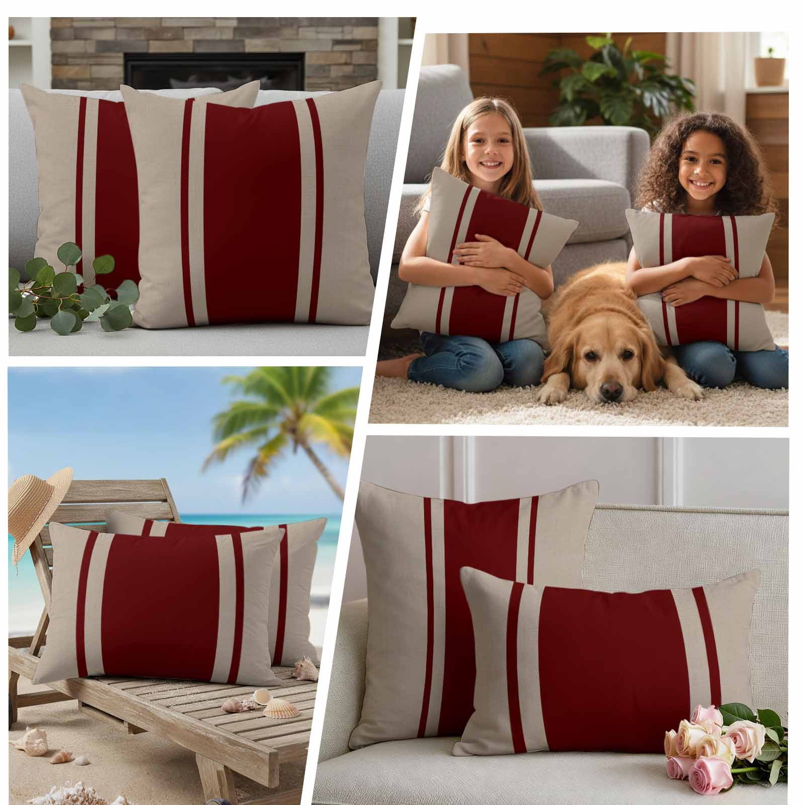 Outdoor Pillow Covers Waterproof, Simpler Red Line Decorative Square Throw Pillowcases Patio Cushion Covers for Tent/Garden, 16" x 16" 2 Pack, Farmhouse Red Striped Abstract
