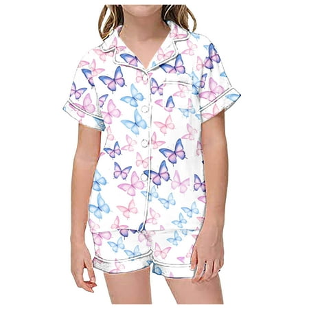 Teen Satin Pajamas For Girls Butterfly Printed Button Down Tops With Shorts 2PCS Summer Girls Pajama Sets Girls Satin Pajamas Size 10-12