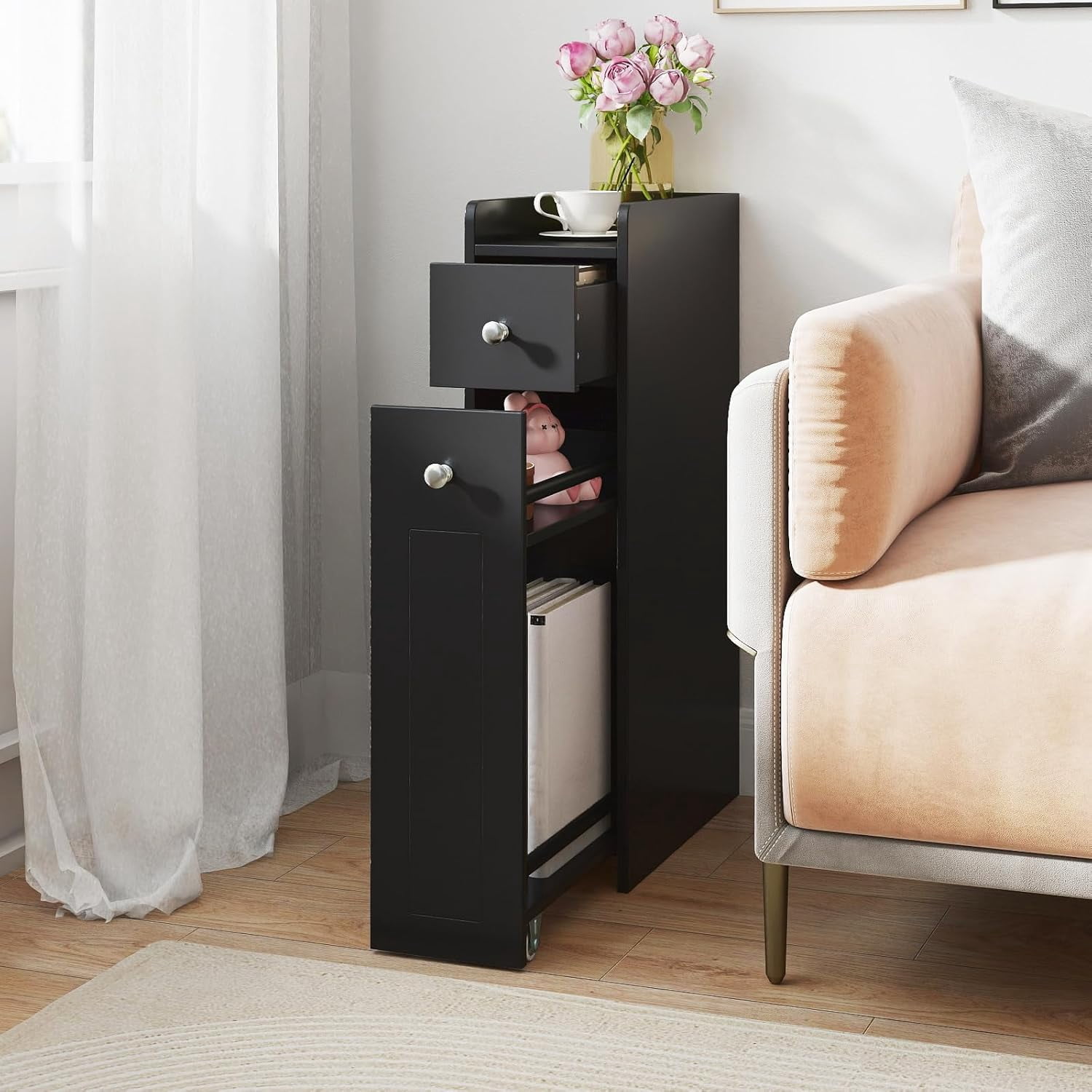 CHTER Slim Bathroom Storage Cabinet, 4-Tier Narrow Small Side Storage Cabinet Next to Toilet, Slide Out Drawers on Casters, Bathroom Floor Organizer Toilet Paper Holder for Small Spaces (Black)