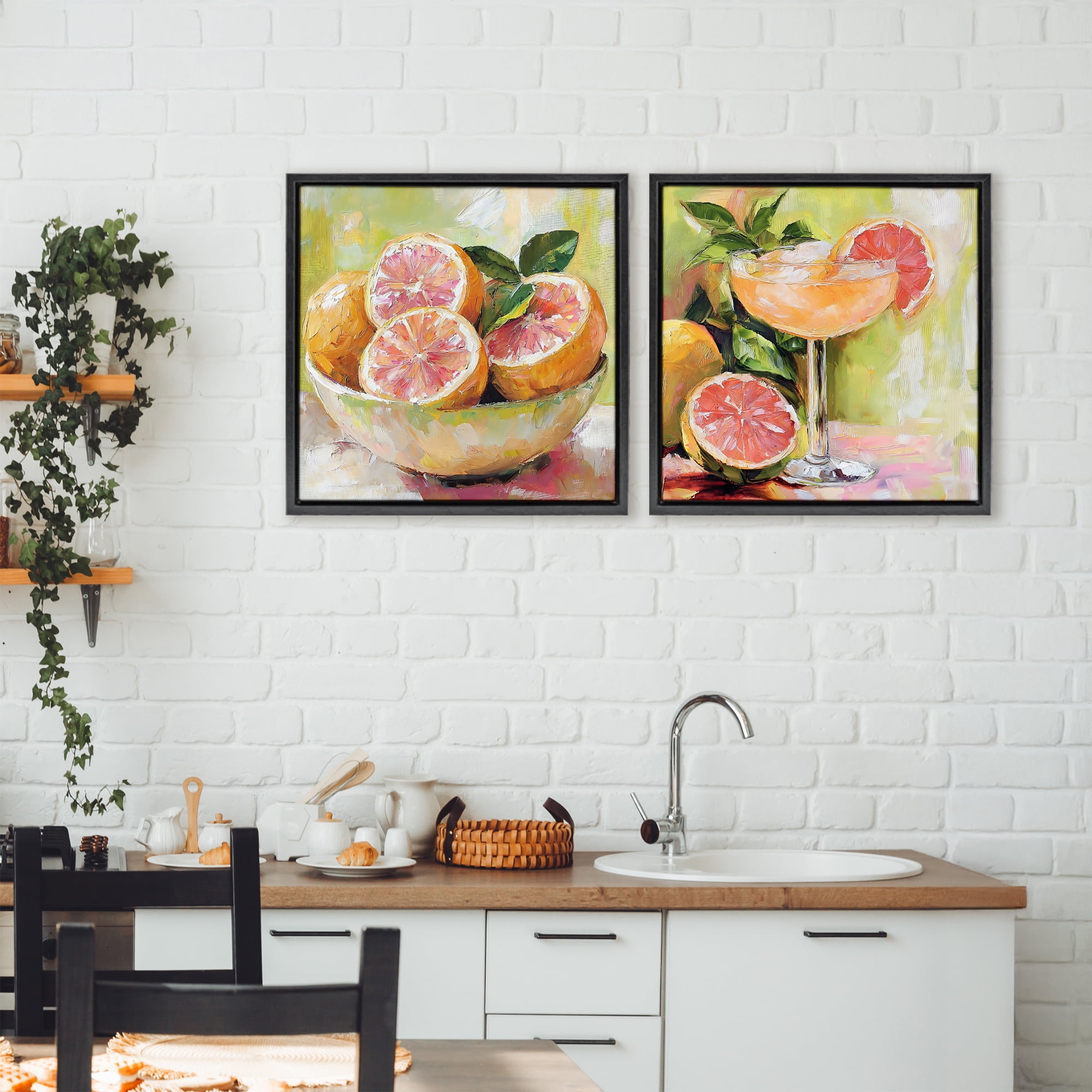 Stupell Industries Grapefruit Bowl & Cocktail 2 Piece Black Framed Floater Canvas Set, design by Riley B