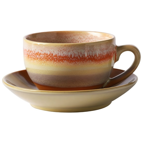 Vintage Ceramic Coffee Mug, 320 ML/10.8 oz Cappuccino Barista Cup, Water Ripple Orange, Japanese Style Design, Includes Saucer, Ideal for Espresso and Cappuccino