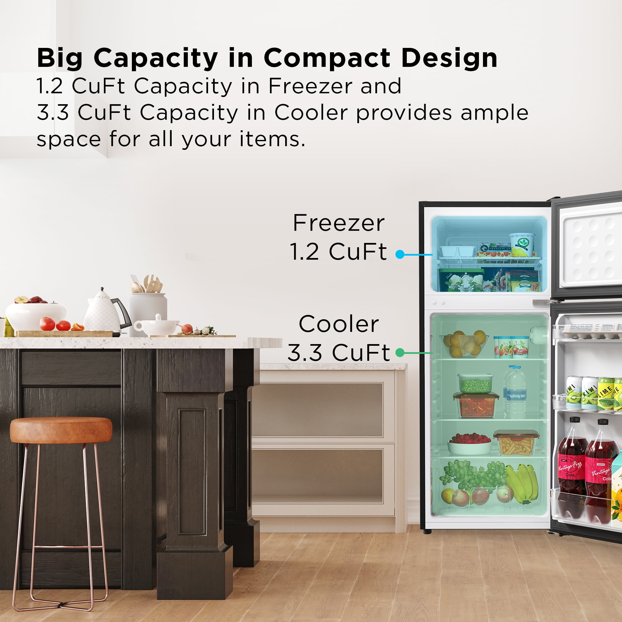TCL 4.5 Cu. ft. Two Door Compact Mini Fridge With Freezer  Black Stainless Look, Energy Star, MR453Z