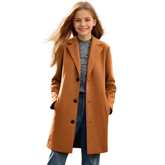 Ticikt Stylish Longline Trench Coat for Girls Lined Windbreaker Jacket with Hood Casual Fall Winter 5-14Y,Color:Brown