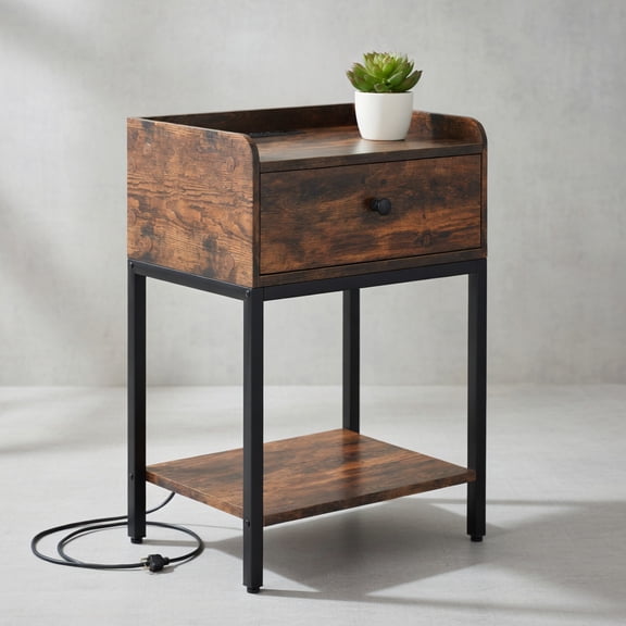 Topcobe Retro Nightstand wtih Charging Station, End Table Side Table with Drawers, Storage Cabinet for Bedroom, Living Room, Rustic Brown