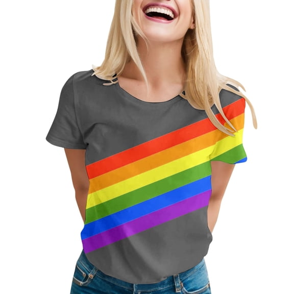 Shirts for Women Rainbow Print Round Neck Loose Fit Short Sleeve T-Shirt Tops