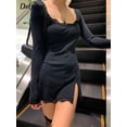 thumbnail image 2 of Darlingaga cuello cuadrado encaje Patchwork Bodycon vestido negro mujeres elegante algodón moda lado Split otoño vestido Mini damas básico Tan Jianjun unisex, 2 of 2