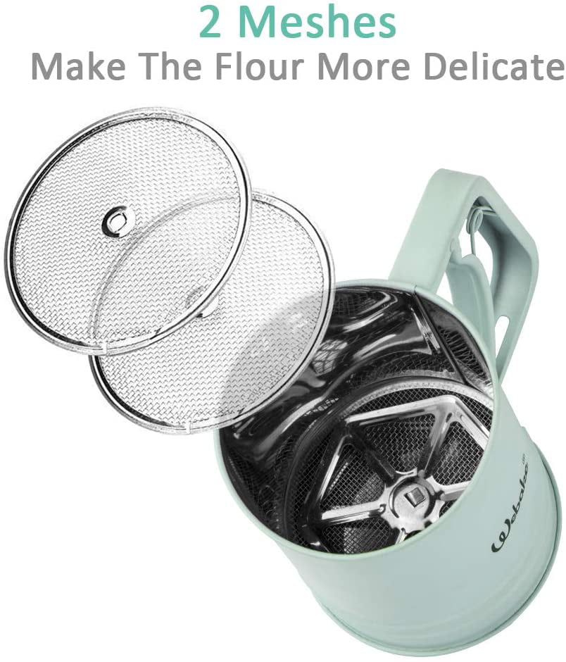 Webake Flour Sifter for Baking Stainless Steel One-handed Small Flour Sieve Kitchen Sifter Cocoa Powder Sieve Baking Supplies Stylish Mint Green