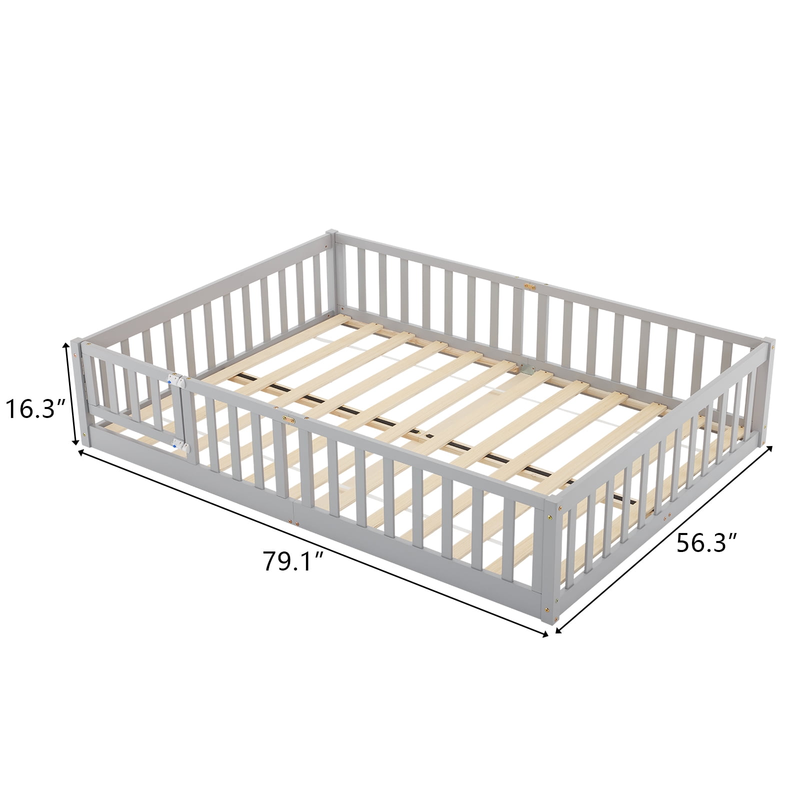Ktaxon Montessori Full Floor Bed with Safety Guardrails, Wood Bed Frame, Gray
