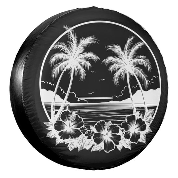 KAKALAD Tropical Beach Sunset View Palm Trees 01 Spare Tire Cover Wheel Protectors Weatherproof Universal Vehicle Dust-Proof for Trailer Rv SUV Truck Camper Travel Trailer Accessories 14 ” Inch