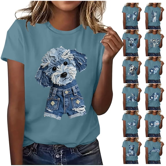NSLGXD Womens T Shirts Short Sleeve Crewneck Tee Shirts Funny Graphic Tees Casual Loose Summer Tops Cute Printed Going Out Tops Fashion Tunic Top Blue S