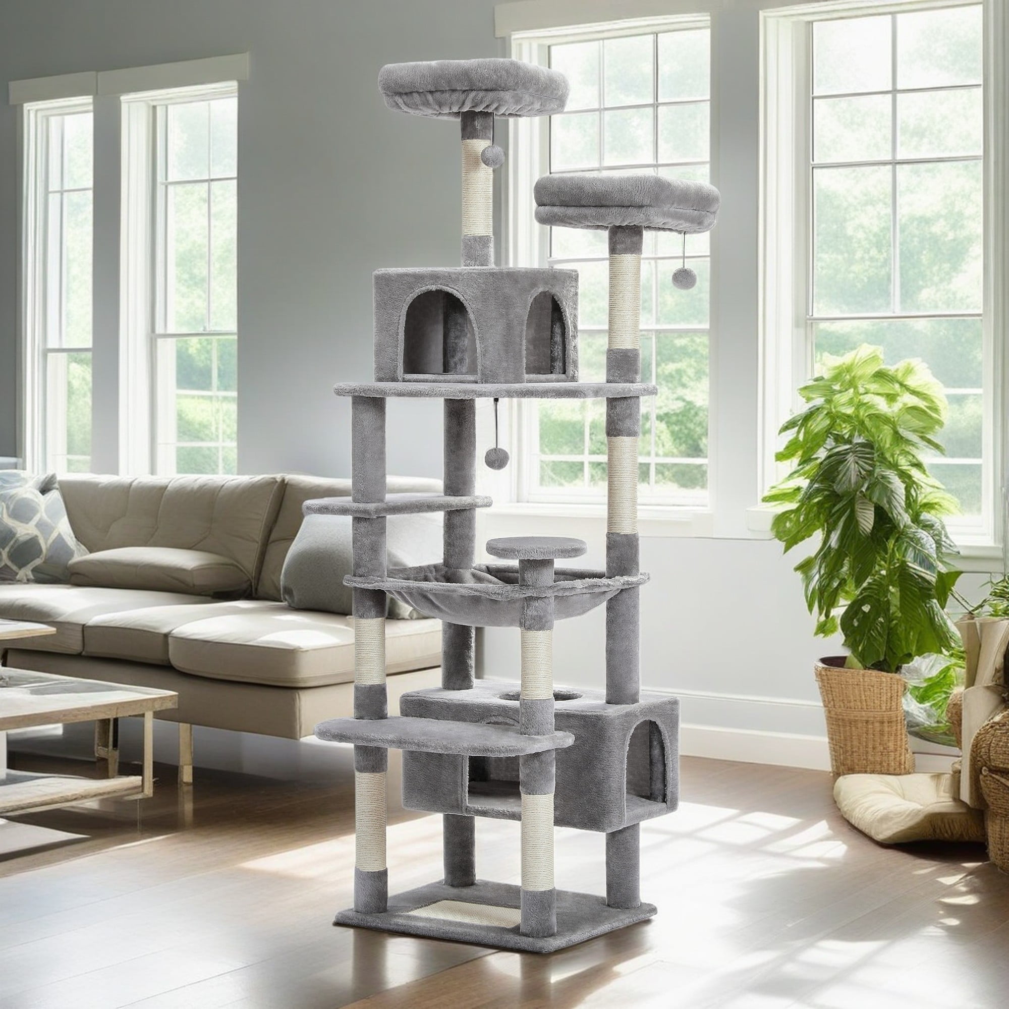 resenkos 72" Cat Tree Tower for Large Cats, Indoor Cat Condo with Sisal-Covered Scratching Posts and Pads, 2 Padded Perch, Gray
