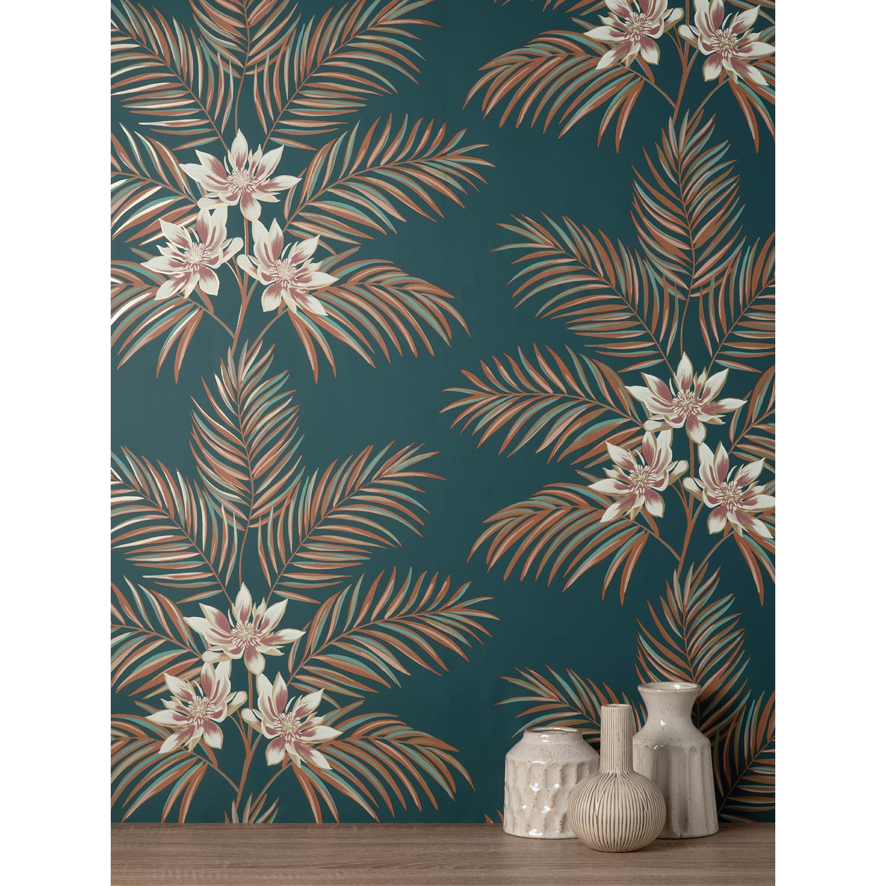Fine Decor Bali Teal Palm Wallpaper, 20.5-in by 33-ft