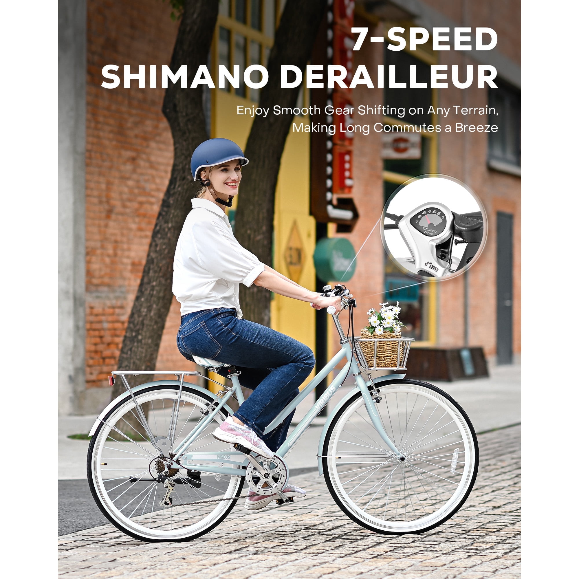 Hybrid Bike, 700c City Commute Cruiser Bike with 7 Speed Drivetrain 28" Wheel Step Through Frame Front Basket Rear Cargo Rack Dual V Brakes,Mint