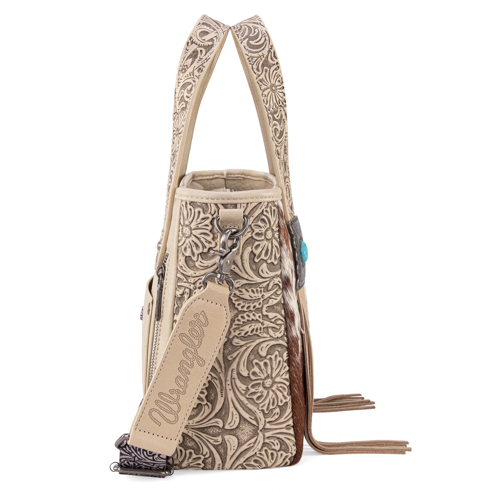 Wrangler Cowhide Tote Bag for Women Western Tooling Handbag Leather Fringing with Turquoise Stone Concho, Cowhide Beige