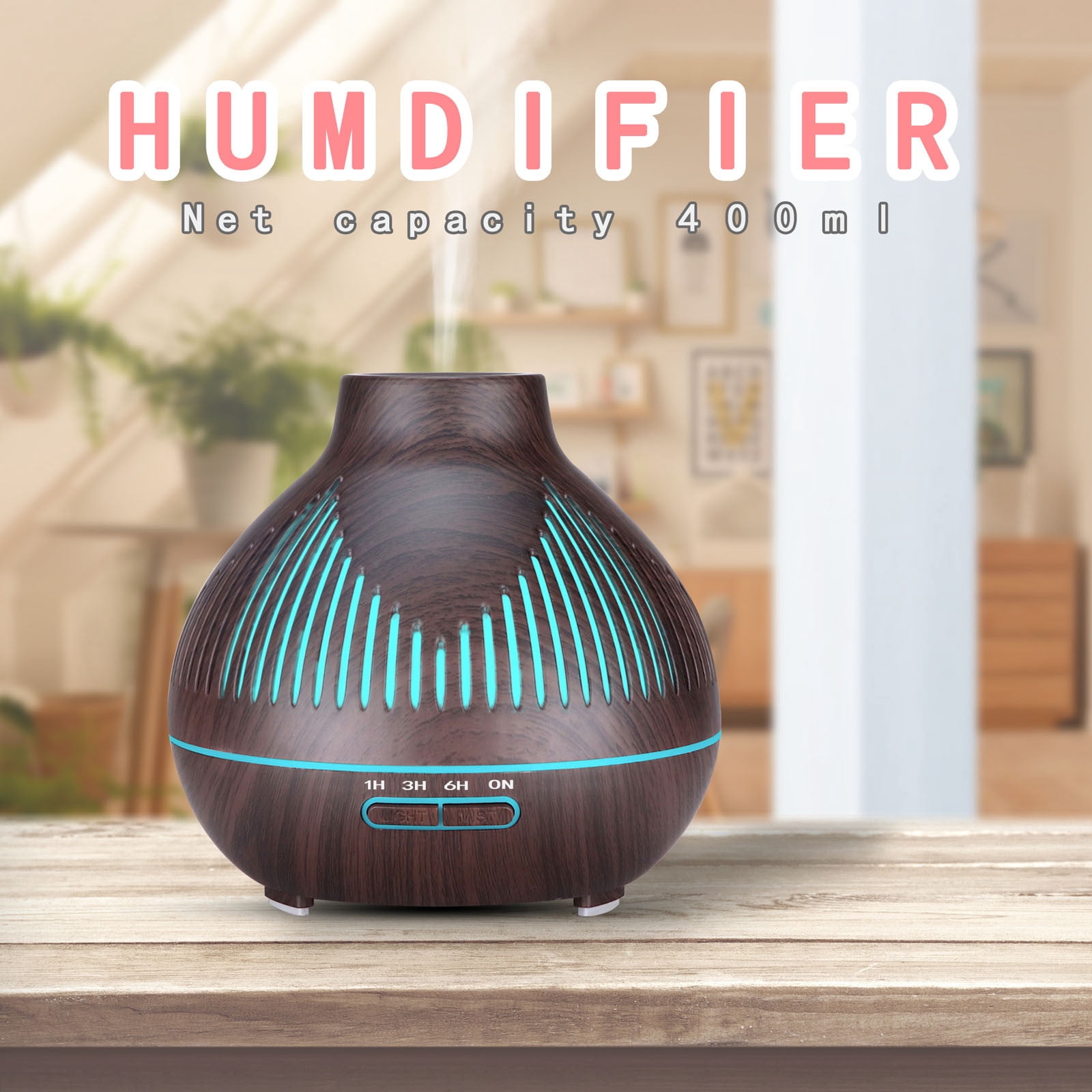 FFENYAN 400ML Wood Grain Essential Oil Diffuser with Remote Control Sharp Mouth Mist Humidifier Hollow Aroma Diffuser Remote Humidifier