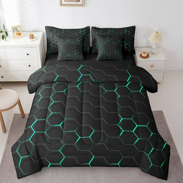 YST Ensemble de Literie 7 Pcs Bleu Vert à Motif Nid d'Abeilles, Moderne Abstrait, Couette et Draps, Format Double (7 Unités)