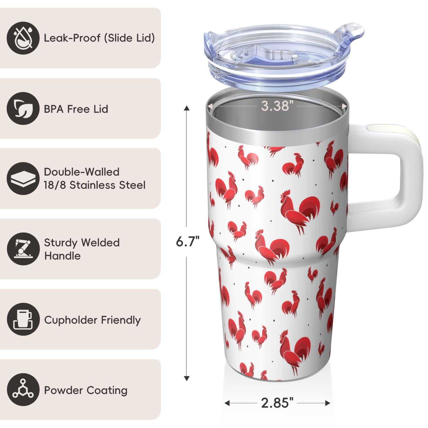 20oz Chicken Decor Tumbler with Handle Useful Birthday Christmas Gift for Chicken Lovers Women Men Insulated Travel Mug Cup Holder Friendly Easy to Clean Dishwasher Safe Hot Cold Beverages