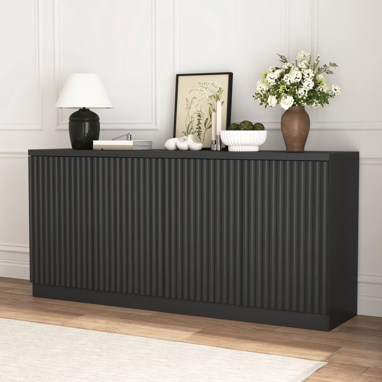 Silver Storage Cabinet with Mirror Trim and M Shape Design