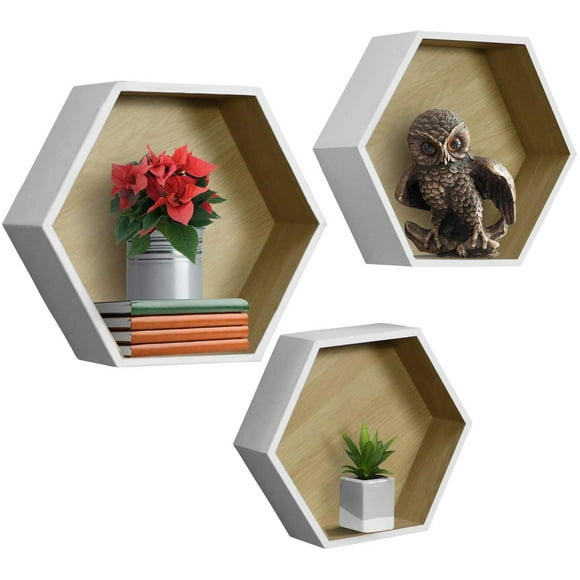 Sorbus Floating Hexagon Shelves - Hexagon Frame Design for Photos, Decorative Items, and Much More (Set of 3, White)