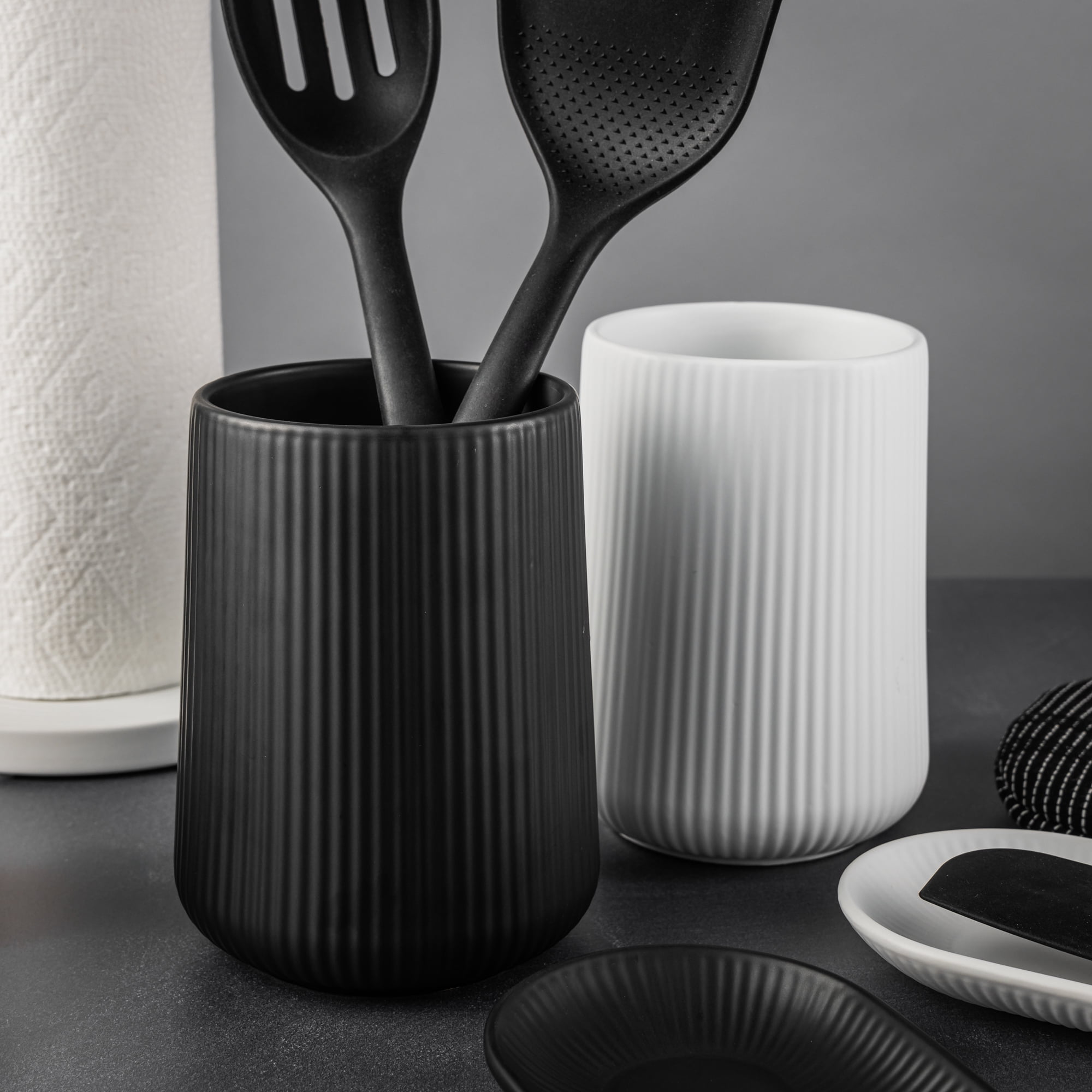 Thyme & Table 6.2" Ribbed Ceramic Kitchen Utensil Holder, Black