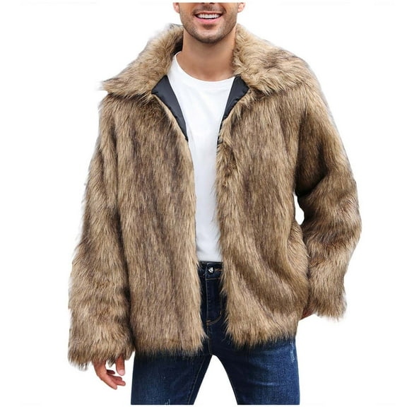 XWSHYW Winter Coats for Men Mens Warm Faux Furry Long Coat Jacket Winter Solid V-Neck Outerwear