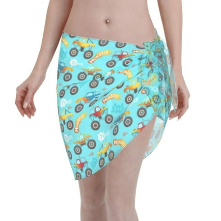 Qekee Cartoon Monster Truck Women s Short Sarongs Cover Ups Sheer Bikini Wraps for Swimwear