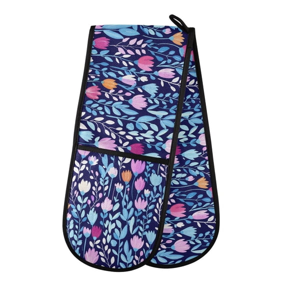 Dailycode Double Sided Oven Mitt with Loop Heat Resistant Kitchen Long Potholders 7" x 35" Pink Tulip with Blue Leaves