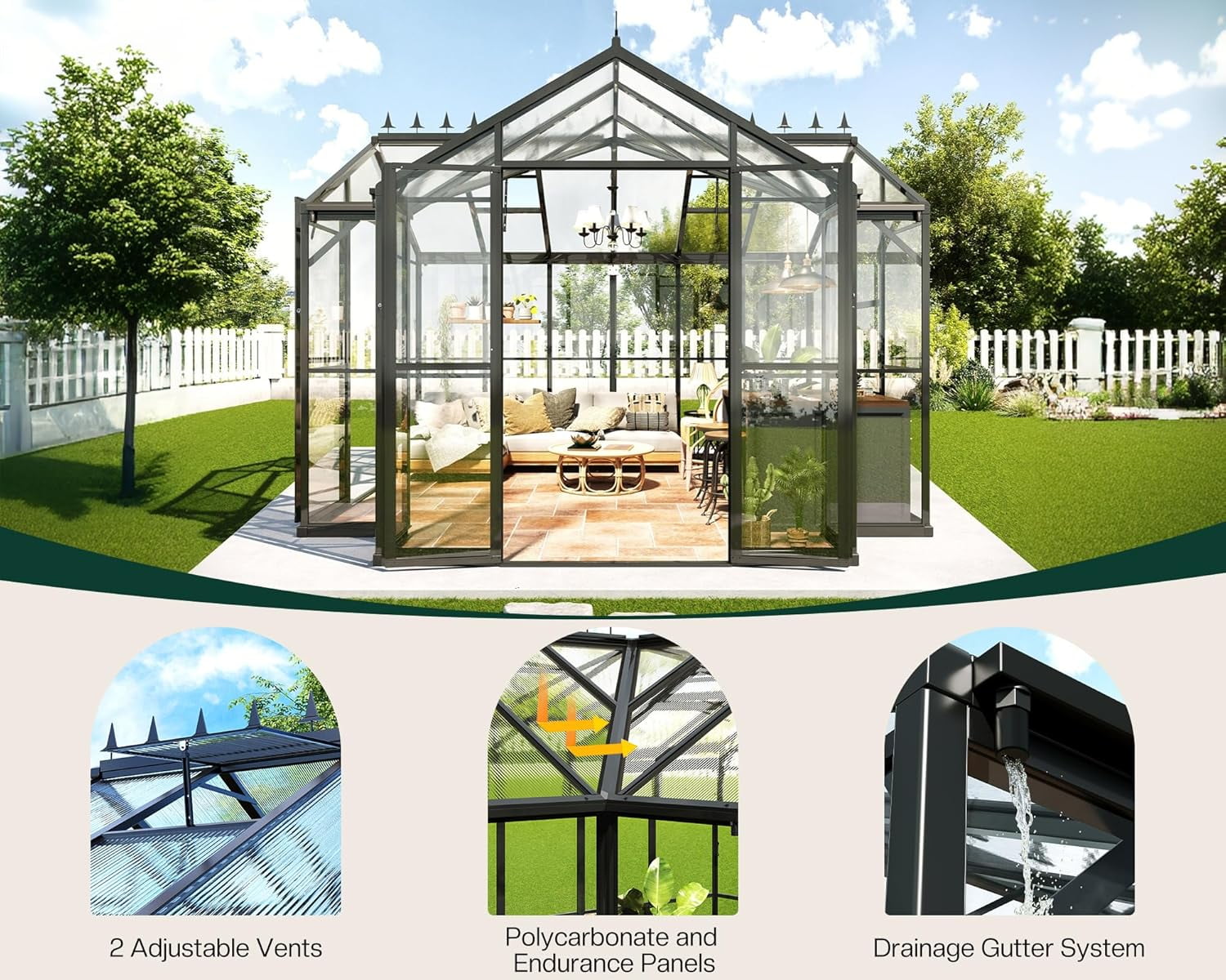 Jocisland Chalet Greenhouse 12x10x8 ft with Quick-Connect Fittings, for Outdoors Garden Backyard, Walk-in Aluminum Greenhouse with 2 Vents, Black