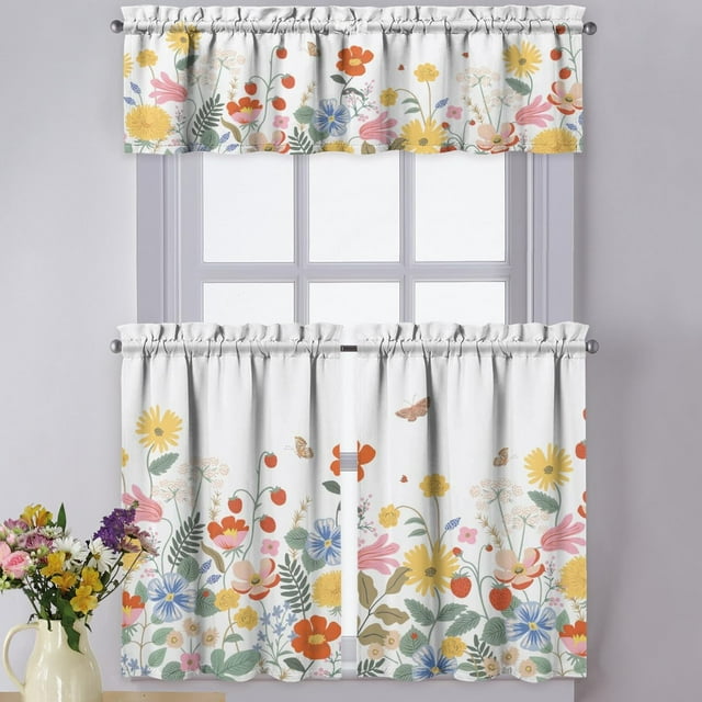 Spring Summer Kitchen Curtains Valances 3 Piece Set,Boho Strawberry Flowers Floral Rod Pocket Short Kitchen Tier Curtain Over Sink Window,Cute Farmhouse Cafe Curtains for Holiday Decor 36 Inc