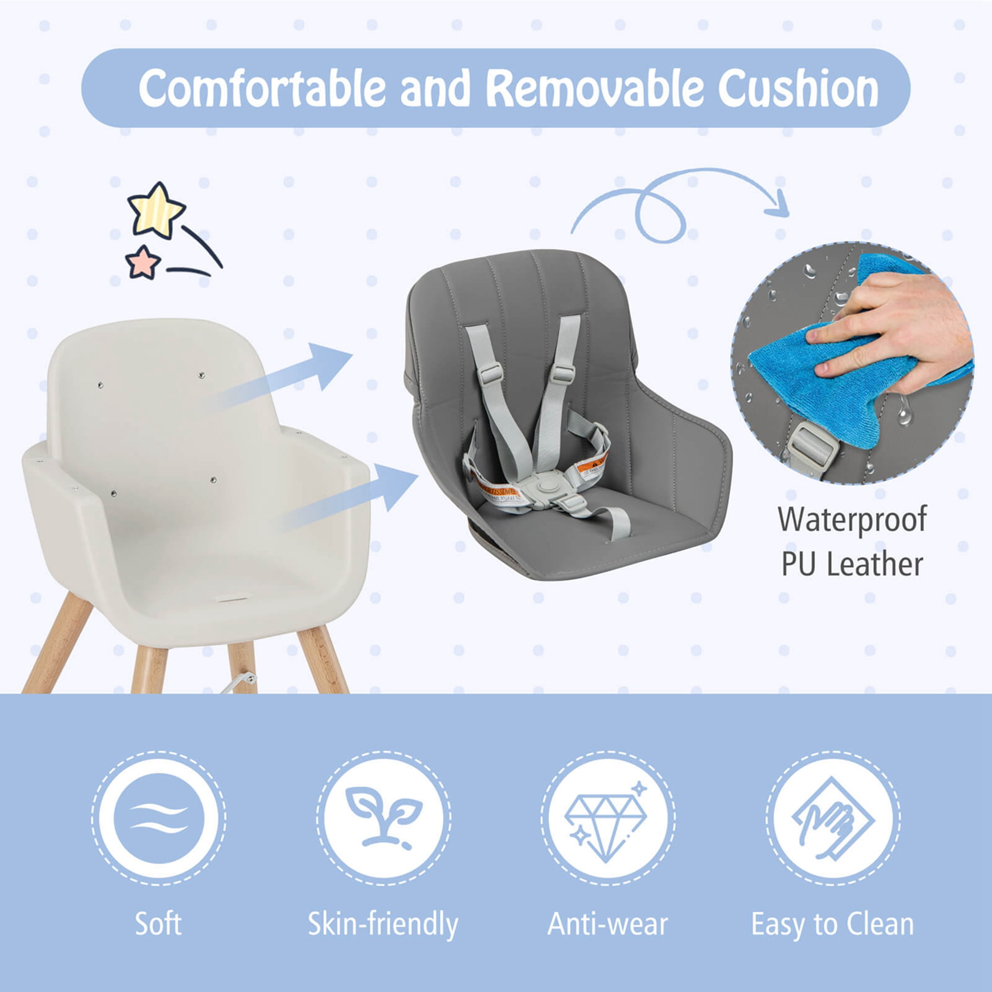 Babyjoy 3 in 1 Convertible Wooden High Chair Toddler Feeding Chair with Cushion Dark Gray