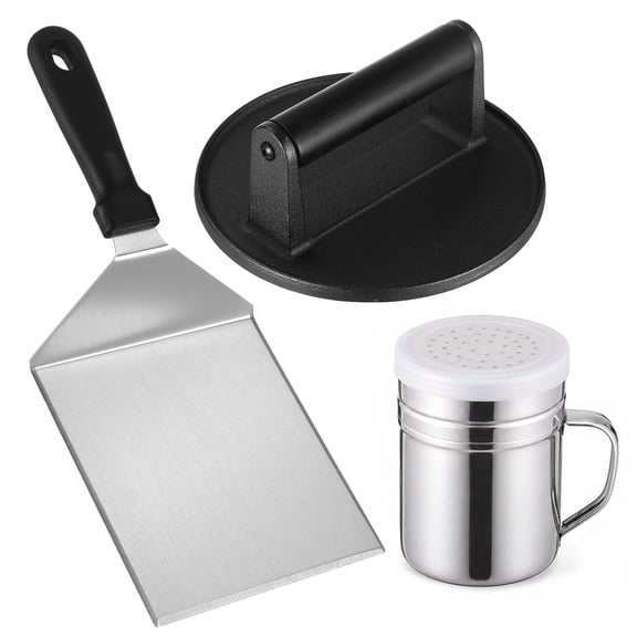 3 Pcs Cast Iron Burger Press Set, Smashed Burger Kit with 6.3 in Flat Bottom Meat Smasher, 12.4 x 5.1 in Large Spatula and Dredge Shaker, Griddle Accessories Kit for Outdoor Grilling BBQ Cooking